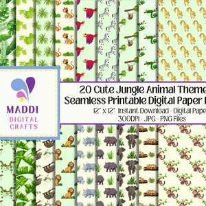 Cute Jungle Animals Themed Seamless Digital Paper 12 x 12 Printable Exotic Animal Patterned Card Scrapbook Graphic Background JPEG. PNG.