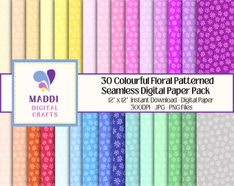 Colourful Floral Patterned Printable Paper Digital Flowers Downloadable 12 x 12 Seamless Scrapbook Journal Patterns Paper JPG. PNG.