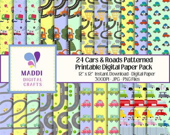 Cars And Roads Printable Paper Transport Digital Scrapbook Card Making Downloadable Graphic Background Patterns JPEG. PNG.