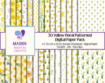 Yellow Floral Patterned Printable Paper Digital Flowers Journaling Card Making Scrapbook Decorations Graphic Crafts