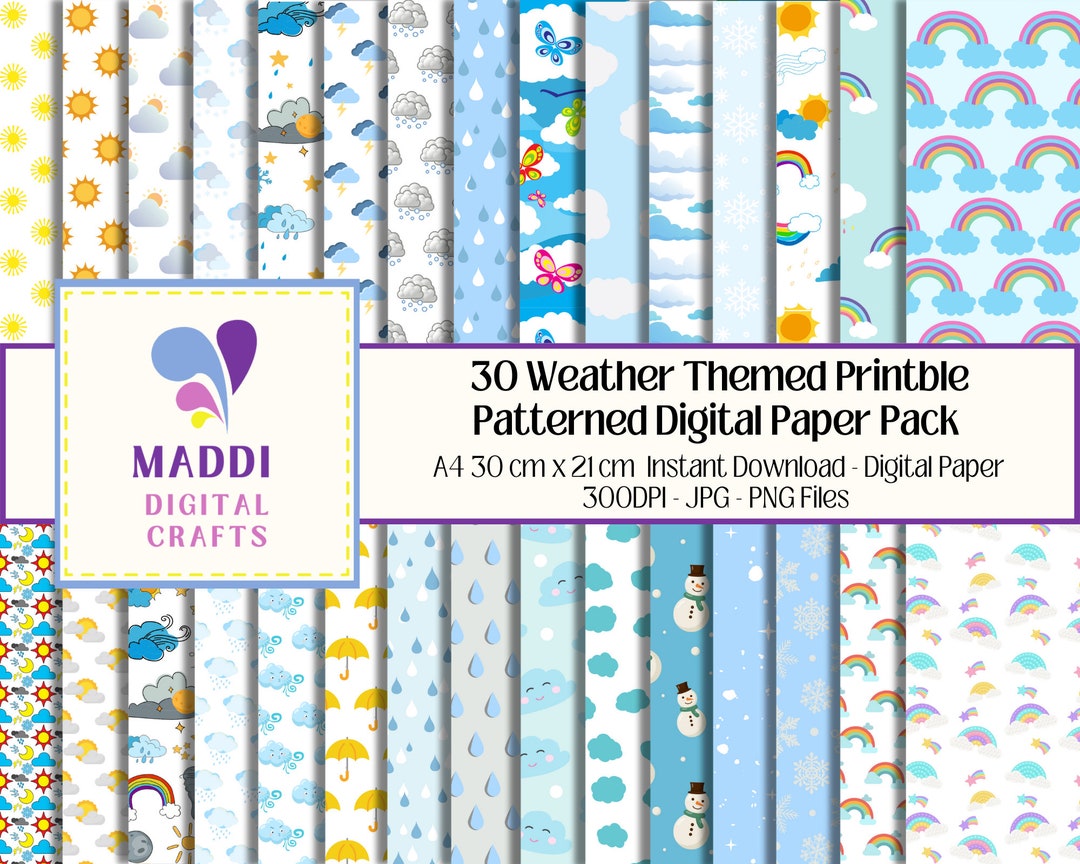 Weather Patterned Digital Paper Patterns Suns Clouds Printable ...
