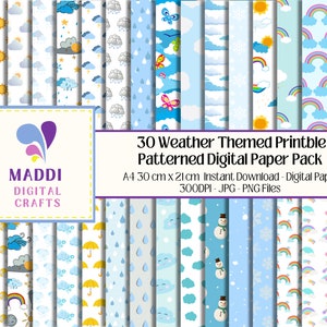 Papier numérique A4 à motifs inspiré de la météo, téléchargeable, soleils, nuages, scrapbooking imprimable, fabrication de cartes, motifs de fond JPEG. PNG.