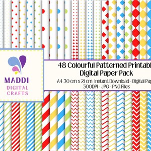 Bright Colouful Patterned Digital Paper 48 A4 Downloadable  Card Making Scrapbook Graphic Background Designs JPEG. PNG. PDF