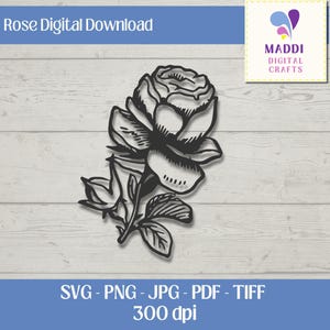 May include: Black and white digital download of a single rose with leaves and stem. The image is 300 dpi and includes the file formats SVG, PNG, JPG, PDF, and TIFF.