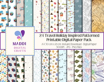 Travel Patterned Printable Paper Holiday Vacation Digital Scrapbooking Card Making Journal Decorations Graphic Crafts
