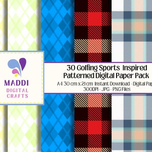 May include: A digital paper pack with 30 different patterns inspired by golfing sports. The patterns include a yellow and white diamond pattern, a blue diamond pattern, a red and black plaid pattern, and a blue, white, and beige plaid pattern. The pack includes 300 DPI JPG and PNG files.