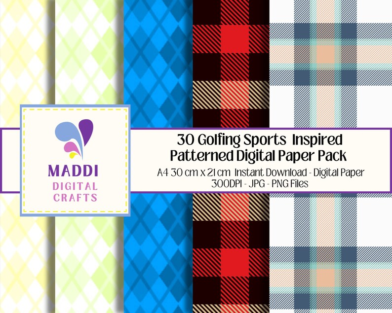 May include: A digital paper pack with 30 different patterns inspired by golfing sports. The patterns include a yellow and white diamond pattern, a blue diamond pattern, a red and black plaid pattern, and a blue, white, and beige plaid pattern. The pack includes 300 DPI JPG and PNG files.