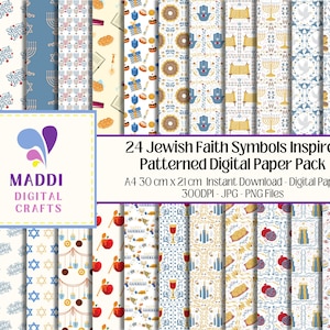 Carta stampabile ispirata alla fede ebraica, simboli religiosi, carta di giornale scaricabile digitale A4, creazione di modelli di carta per album JPEG. PNG.