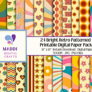 Papier numérique à motifs rétro coloré vintage 12 x 12, imprimable, téléchargeable, style années 70, fabrication de cartes graphiques, motifs JPG. PNG.