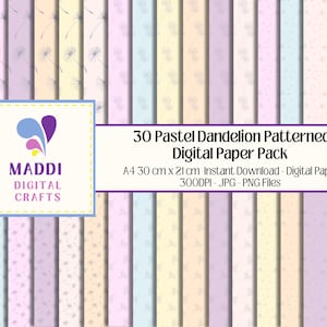 Dandelion Floral Patterned Digital Paper Printable Flowers Downloadable Scrapbooking Card Making Graphic Background Designs JPG. PNG.