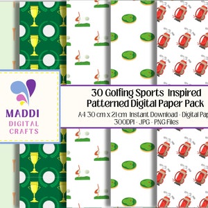 May include: A digital paper pack with 30 different golf-themed patterns. The patterns include golf clubs, golf balls, golf tees, and a golf trophy. The patterns are in a variety of colors, including green, white, and red. The paper pack is available for instant download and is 300 DPI. The paper pack is perfect for creating invitations, cards, scrapbook pages, and other craft projects.