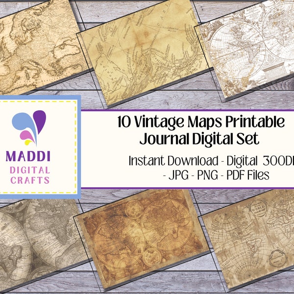 Vintage Maps Digital Paper Designs Downloadable World Maps Scrapbook Card Making Printable Home Decorations Graphic Illustrations JPG. PNG.