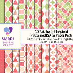 May include: A digital paper pack featuring 20 patchwork inspired patterns in pink, green, and white. The patterns include polka dots, stripes, diamonds, and floral designs. The pack is available for instant download and includes JPG and PNG files.