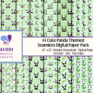 May include: A collection of 14 seamless digital paper designs featuring cute panda bears and bamboo on a light green background. The designs are 12" x 12" and available for instant download. The image includes the text "14 Cute Panda Themed Seamless Digital Paper Pack".