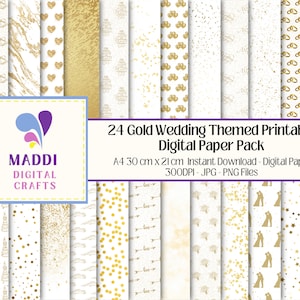 Carta digitale A4 a tema matrimonio d'oro, scaricabile, stampabile, per scrapbooking, creazione di biglietti, pacchetto di motivi grafici in carta JPEG. PNG.