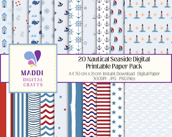 May include: A digital paper pack with 20 nautical and seaside themed patterns. The patterns include anchors, lighthouses, stars, boats, whales, and stripes. The paper pack is 300 DPI and comes in JPG and PNG formats.  The paper pack is A4 size, which is 30 cm x 21 cm.
