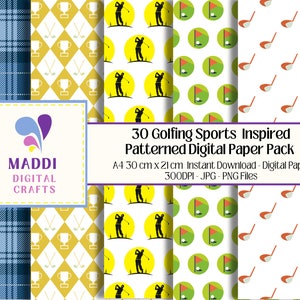 May include: A digital paper pack with 30 different patterns inspired by golfing. The patterns include golf clubs, golf balls, golf flags, and golf trophies. The patterns are in a variety of colors, including yellow, blue, green, red, and white. The pack includes 300 DPI JPG and PNG files.