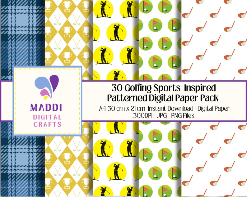 May include: A digital paper pack with 30 different patterns inspired by golfing. The patterns include golf clubs, golf balls, golf flags, and golf trophies. The patterns are in a variety of colors, including yellow, blue, green, red, and white. The pack includes 300 DPI JPG and PNG files.
