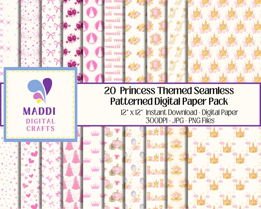 Princess Themed Patterned Printable Paper Fairytale Digital Card Making ...