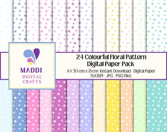 Colourful Mini Floral Patterned 24 Digital Paper Downloadable A4 Flower Designs Card Making Scrapbook Graphic Background Patterns JPG. PNG.