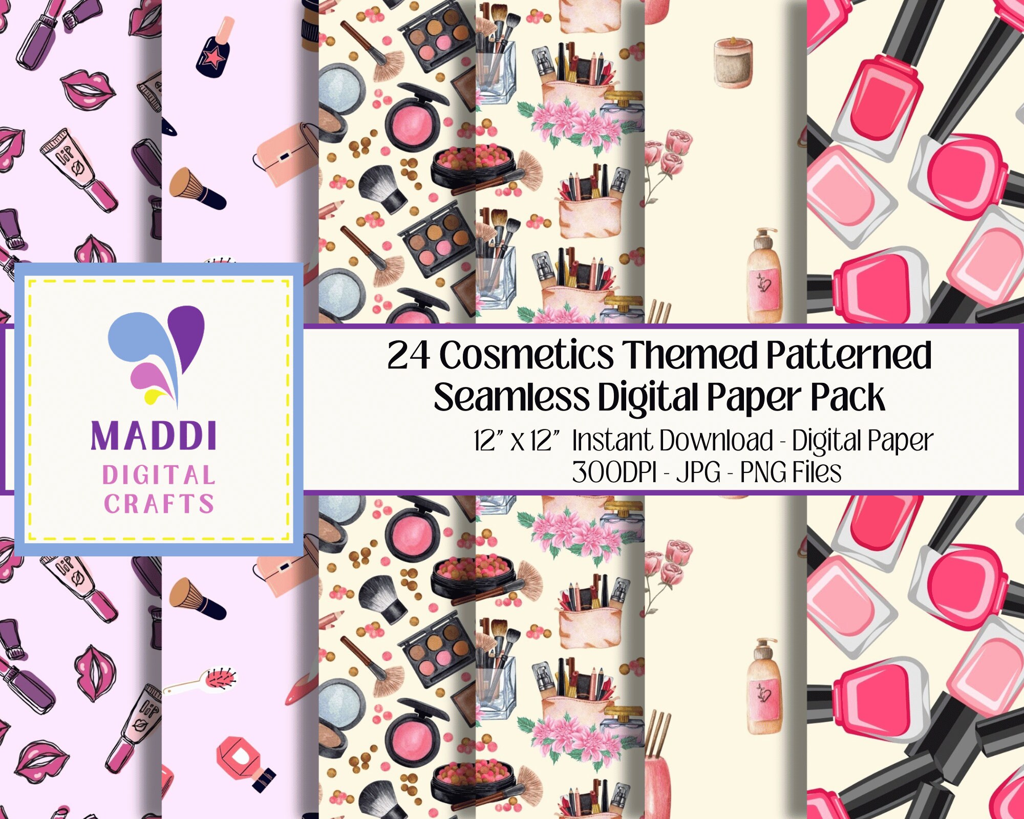Cosmetic Themed Patterned Printable Digital Paper Girls Card Making ...