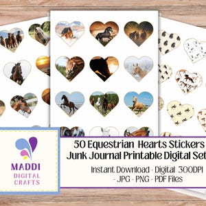 Equestrian Themed Hearts Printable Stickers 50 Horse Ponies Heart Digital Journal Card Making Ephemera Scrapbook Images jpeg. png. pdf.