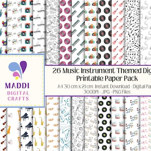 Tema musical Digital A4 Patrones de música en papel descargable Tarjeta imprimible Creación de fondos gráficos para álbumes de recortes JPEG. PNG.