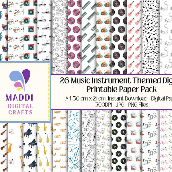 Musical Theme Digital A4 Downloadable Paper Music Patterns Printable Card Making Scrapbooking Graphic Backgrounds JPEG. PNG.