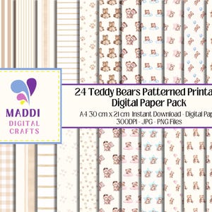 Fundo Digital A4 para Download com Tema de Ursinhos de Pelúcia, Lindo Bebê Urso, Sem Costura, Para Imprimir, Cartão de Scrapbook, Padrões de Papel para Fazer, JPEG. PNG. PDF