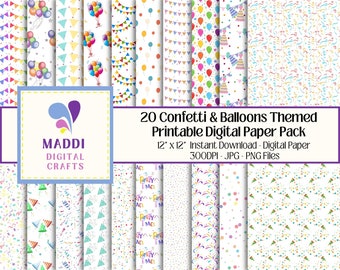 Globos y confeti, patrones de papel imprimibles, decoración digital para fiestas, álbumes de recortes, tarjetas, diarios, manualidades
