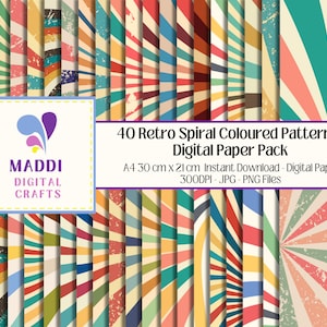 May include: A pack of 40 retro spiral-patterned digital papers. The papers display colourful, distressed designs with stripes and sunburst patterns in shades of red, orange, green, and blue. The pack includes A4 size papers, 30 cm x 21 cm.