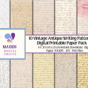 Könnte beinhalten: Ein digitales Papierpaket mit 10 Vintage-Papieren mit antiken Schreibmustern. Die Papiere sind in verschiedenen Farben, darunter Weiß, Creme und Rosa. Alle Papiere sind 30 cm x 21 cm groß und haben eine Auflösung von 300 DPI. Die Papiere liegen im JPG- und PNG-Format vor. Der Text auf dem Bild lautet: "10 Vintage Antique Writing Patterned Digital Printable Paper Pack A4 30 cm x 21 cm Instant Download - Digital Paper 300DPI - JPG - PNG Files"