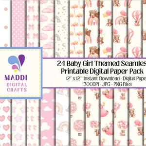 Cute Baby Girl Themed 12 x 12 Printable Digital Paper Downloadable New Baby Card Making Scrapbooking Journalling Graphic Patterns JPG. PNG.
