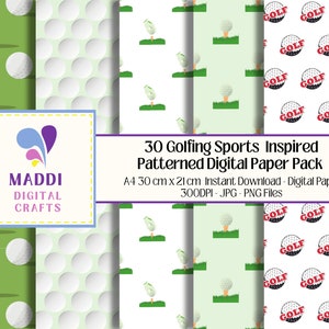 May include: A digital paper pack with 30 different golf-themed patterns. The patterns feature golf balls, golf clubs, and the word "golf" in a variety of colors and styles. The pack includes 300 DPI JPG and PNG files.
