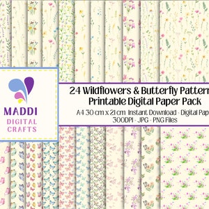 Wildflowers Butterflies Digital Printable Patterns Floral Card Making Scrapbook Journal Decorations Paper Graphics