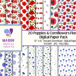 Coquelicots et bleuets floraux 12 x 12 pouces papier numérique à motifs fleurs téléchargeables cartes imprimables scrapbooking graphiques JPG. PNG.