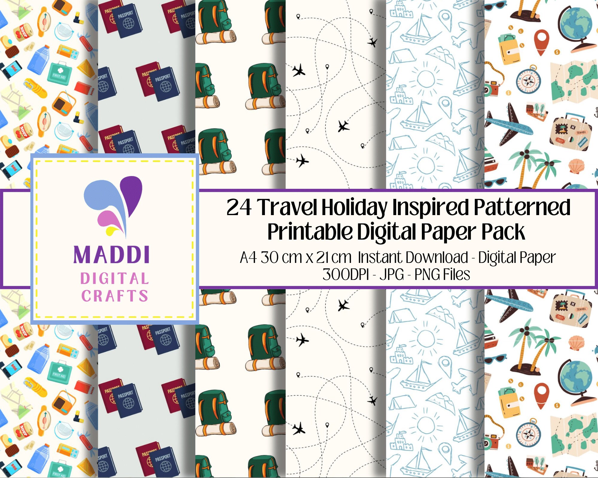 Travel Pattern Paper Travel Patterned Printable Paper Holiday Vacation Digital Scrapbooking ...