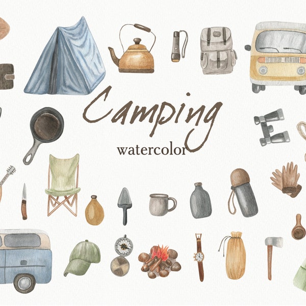 Watercolor seamless patterns Camping Clipart.