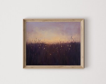 Twilight Meadow Oil Painting - Atmospheric Sunset Landscape, Rustic Moody Wall Art, Earthy Nature Decor, Printable Artwork for Home 2