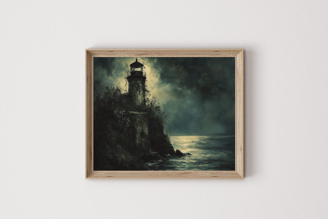 Moody Lighthouse at Night Printable - Overgrown Lighthouse Painting ...