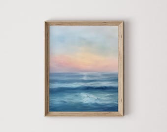 Misty Ocean Horizon Art - Pastel Sky at Dawn, Coastal Landscape, Tranquil Seascape Printable, Beach Wall Decor, Soothing Ocean Scene 19