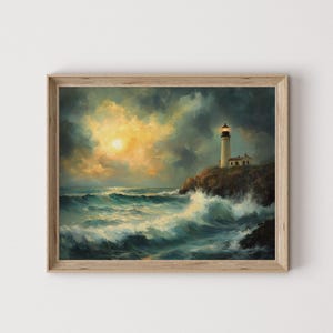 Stormy Sea Lighthouse Painting - Moody Coastal Scene, Rustic Printable Wall Art, Twilight Ocean Waves, Vintage Landscape Decor 113
