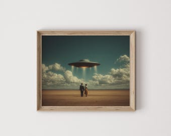 Sztuka ścienna Vintage UFO Encounter - scena pustyni z lat 50., drukowany wystrój science fiction, dzieło sztuki przedstawiające statek kosmiczny obcych, surrealistyczny wydruk krajobrazu 203