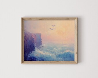 Coastal Cliffs at Dusk - Printable Ocean Landscape, Waves Below, Periwinkle Sky Wall Art, Serene Seaside Decor, Digital Painting Scene 6