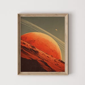 Retro afdrukbare muurkunst Mars - vintage poster in atomaire stijl, roodoranje ruimtedecor, zonnestelselkunst, sci-fi planeet print 427