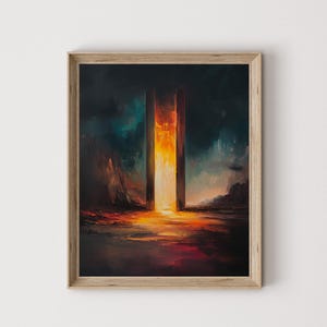 Moody Abstract Vertical Portal - Surrealist Wall Art, Mystical Landscape Painting, Printable Modern Decor, Ethereal Night Scene 613