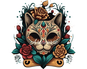 Cat sugar skull svg png 1000 dpi transparent background