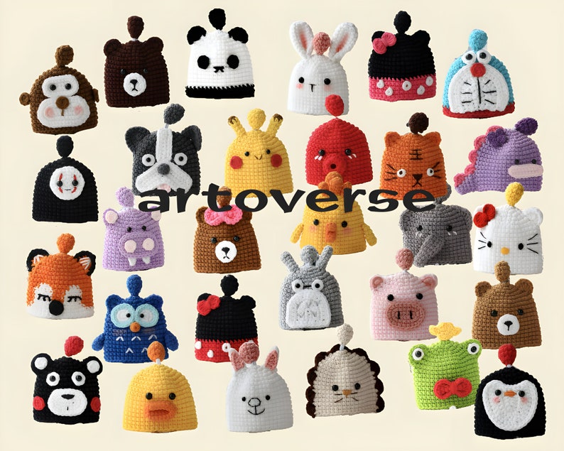 May include: A collection of 30 crocheted animal hats. The hats feature a variety of animals, including a panda, a fox, a penguin, a cat, a dog, a frog, a bear, a chicken, a rabbit, a tiger, a monkey, a dinosaur, a hippopotamus, an owl, a hedgehog, a turtle, a pig, a ladybug, a unicorn, a snowman, a reindeer, a Santa Claus, a gingerbread man, a Christmas tree, a stocking, a present, and a bell.