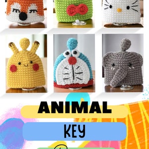 May include: Six crocheted animal key covers. The covers are in the shape of a fox, frog, Hello Kitty, Pikachu, Doraemon, and an elephant. The covers are all different colors and have different facial features. The text "ANIMAL KEY COVERS" is at the bottom of the image. The text "etsy.com/shop/artoverse" is at the bottom of the image.