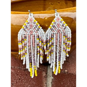 Long Beaded Fringe Earrings, Yellow, Pink, AB White, Bohemian Wedding, Abstract Art, Geometric, Feather Pattern
